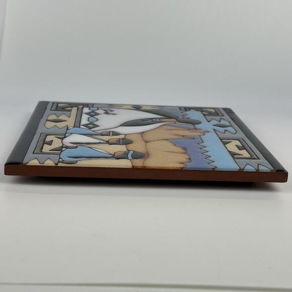 Vtg Earthtones Southwestern Trivet Tile by Tu-ofi Woman And Children Blue 6"x6" - Picture 5 of 10